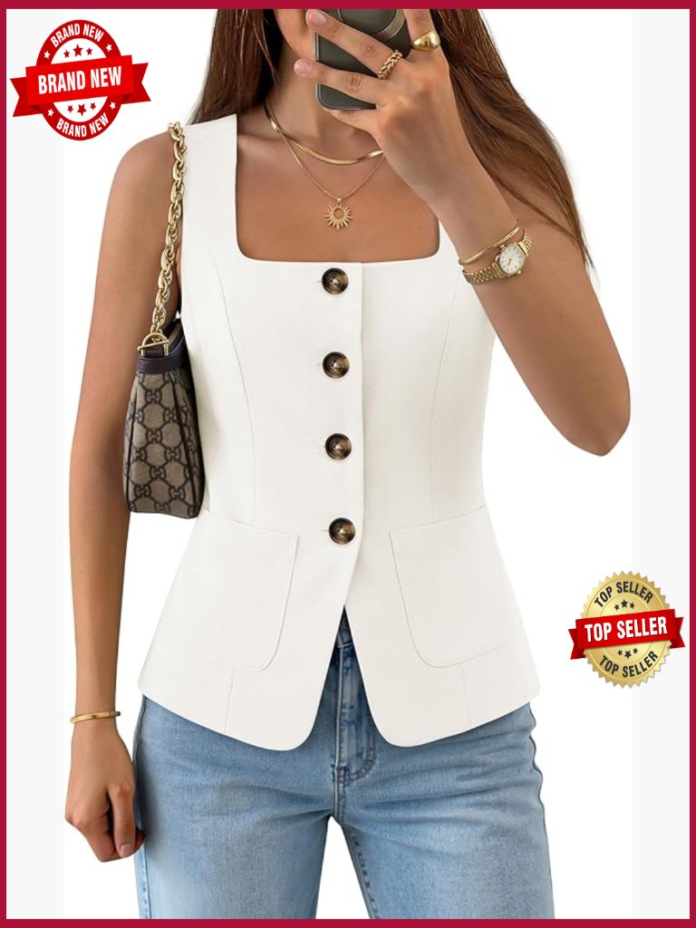 Sleeveless Square Neck Suit Vest Blazer Waistcoat Button Down Work Tops